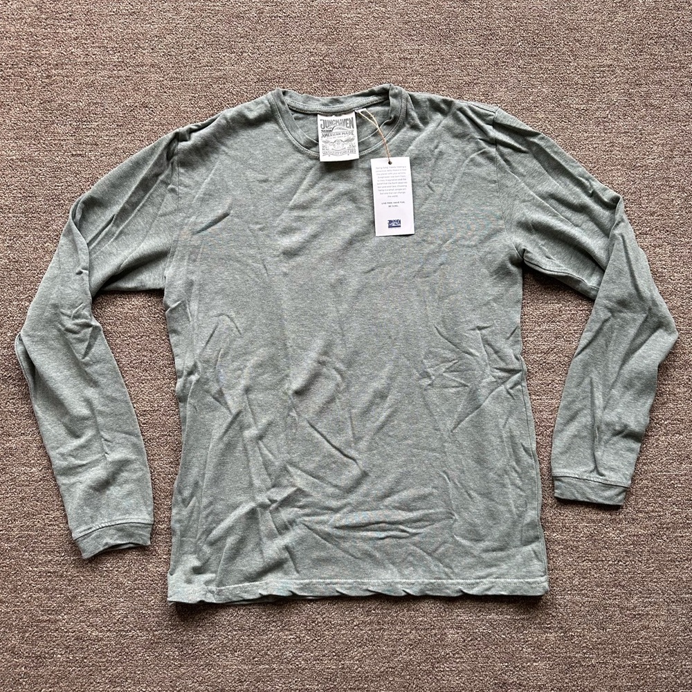 Jungmaven long sleeve Tshirt in size Small (men’s), grey green hemp & cotton